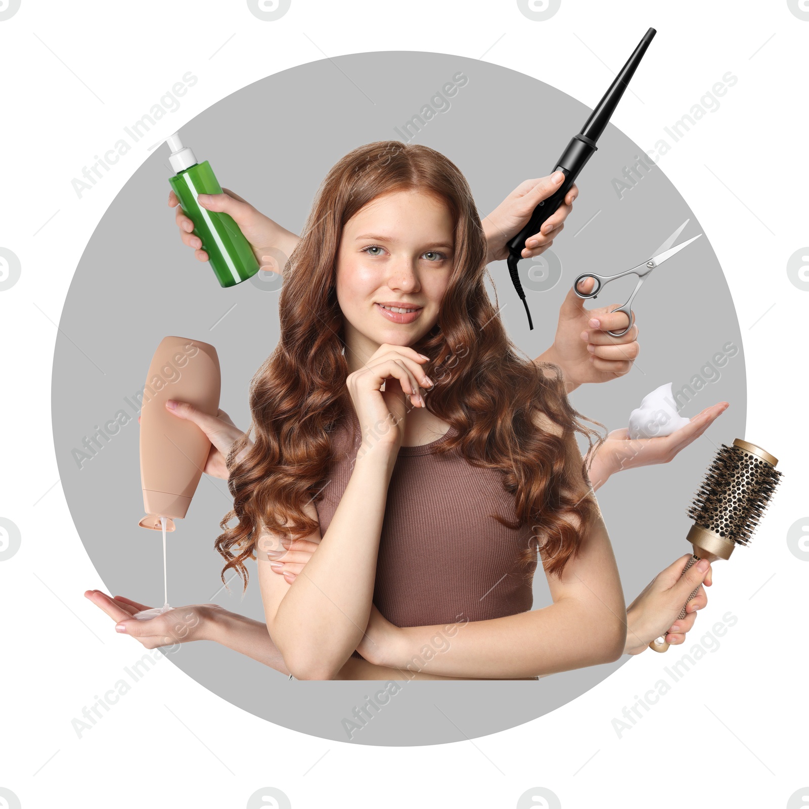 Image of Young girl with beautiful healthy hair surrounded by hairdressers' hands with hair care products and tools. Collage on white background