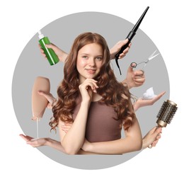 Image of Young girl with beautiful healthy hair surrounded by hairdressers' hands with hair care products and tools. Collage on white background