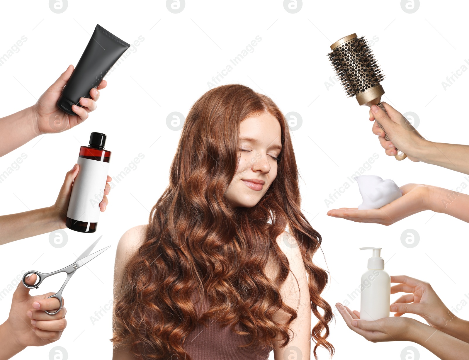 Young girl with beautiful healthy hair surrounded by hairdressers' hands with hair care products and tools. Collage on white background Image of Young girl with beautiful healthy hair surrounded by hairdressers' hands with hair care products and tools. Collage on white background