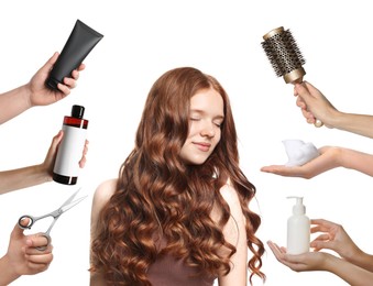 Image of Young girl with beautiful healthy hair surrounded by hairdressers' hands with hair care products and tools. Collage on white background