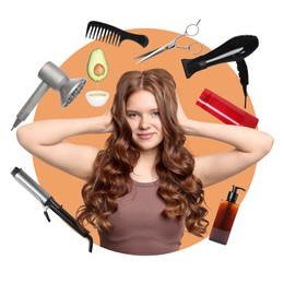 Image of Young girl with beautiful hair on color background. Different hair care products and tools flying around her