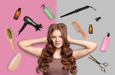 Image of Young girl with beautiful hair on color background. Different hair care products and tools flying around her