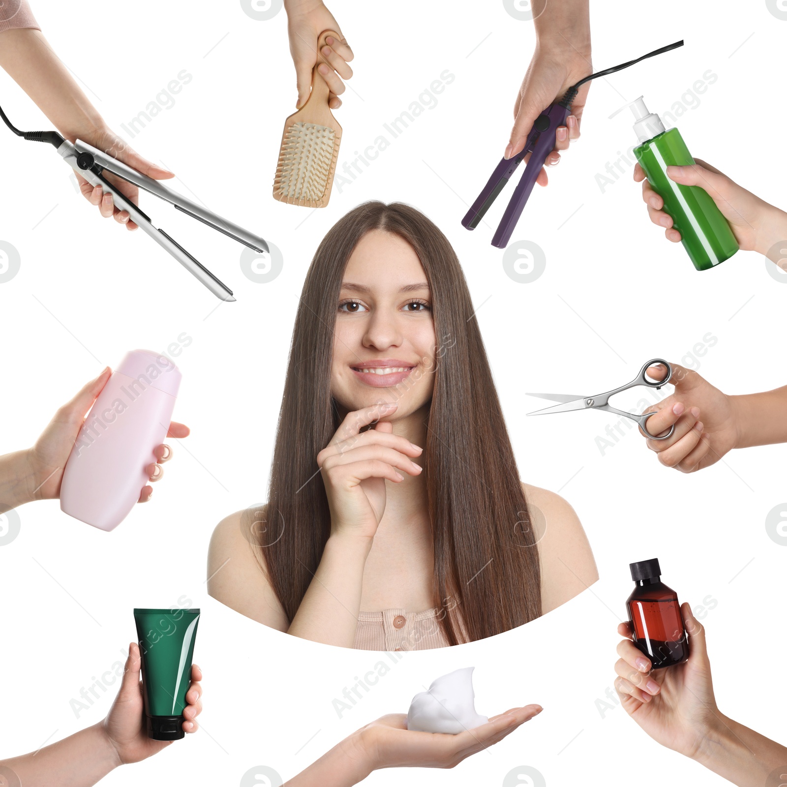 Image of Young girl with beautiful healthy hair surrounded by hairdressers' hands with hair care products and tools. Collage on white background