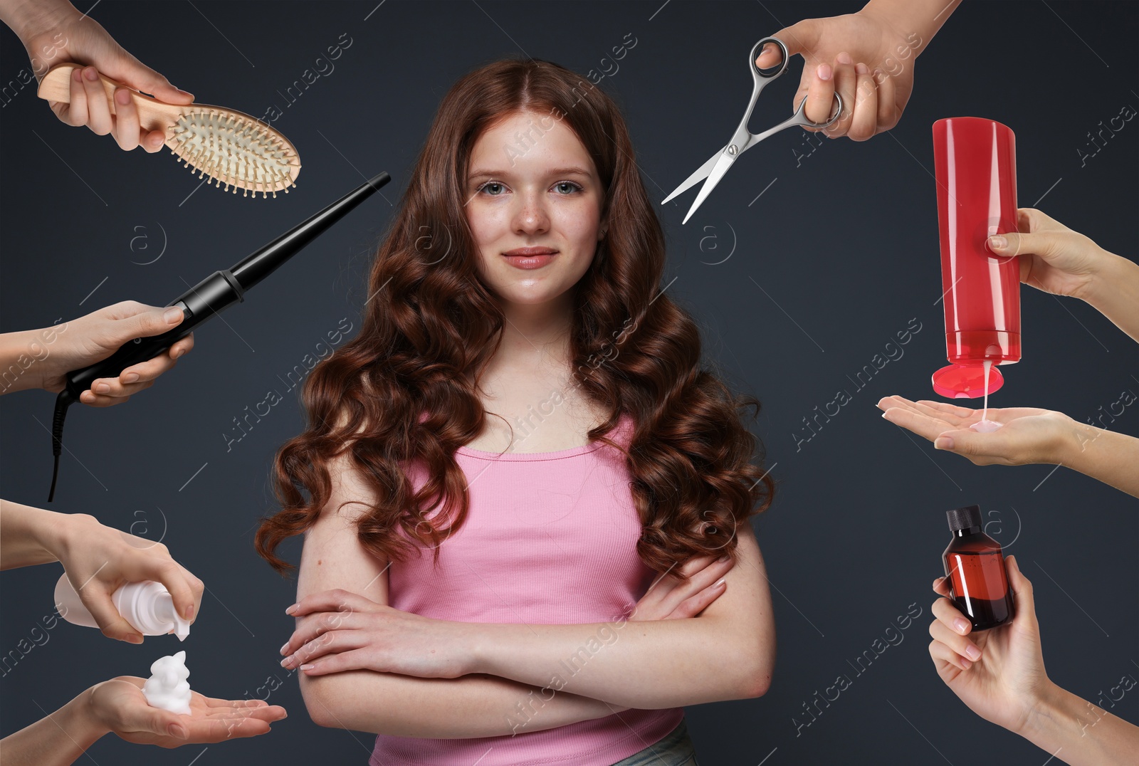 Image of Young girl with beautiful healthy hair surrounded by hairdressers' hands with hair care products and tools. Collage on black background