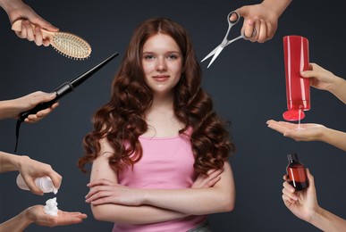Image of Young girl with beautiful healthy hair surrounded by hairdressers' hands with hair care products and tools. Collage on black background