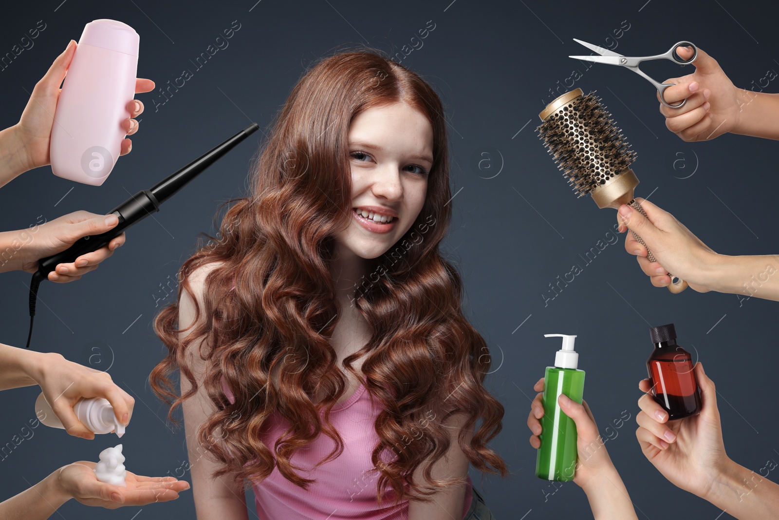 Young girl with beautiful healthy hair surrounded by hairdressers' hands with hair care products and tools. Collage on black background Image of Young girl with beautiful healthy hair surrounded by hairdressers' hands with hair care products and tools. Collage on black background