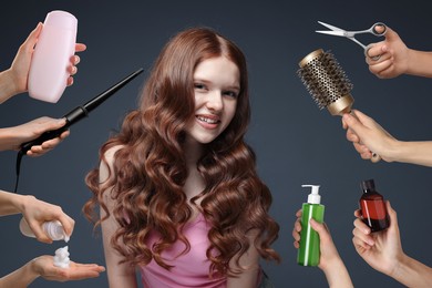 Image of Young girl with beautiful healthy hair surrounded by hairdressers' hands with hair care products and tools. Collage on black background