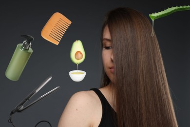 Image of Young girl with beautiful hair on black background. Different hair care products and tools flying around her