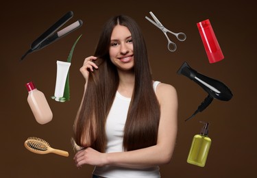 Image of Young girl with beautiful hair on brown background. Different hair care products and tools flying around her
