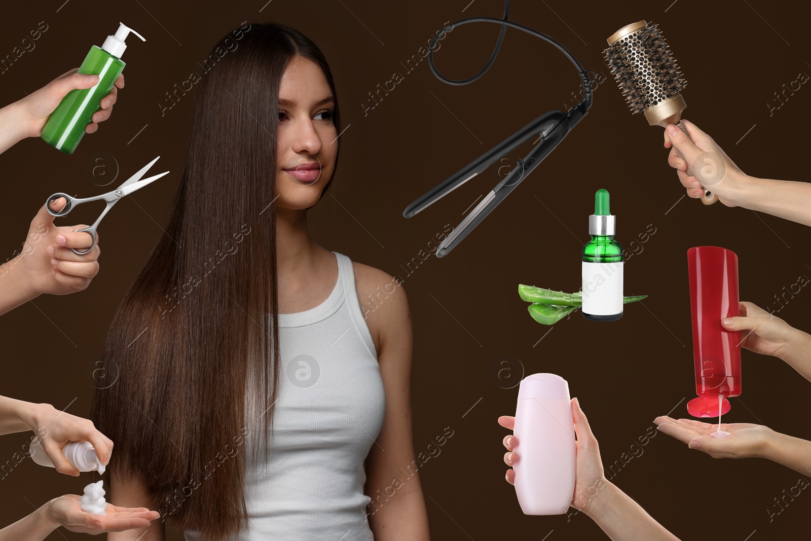 Image of Young girl with beautiful healthy hair surrounded by hairdressers' hands with hair care products and tools. Collage on brown background