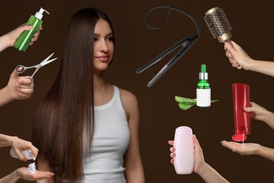 Image of Young girl with beautiful healthy hair surrounded by hairdressers' hands with hair care products and tools. Collage on brown background