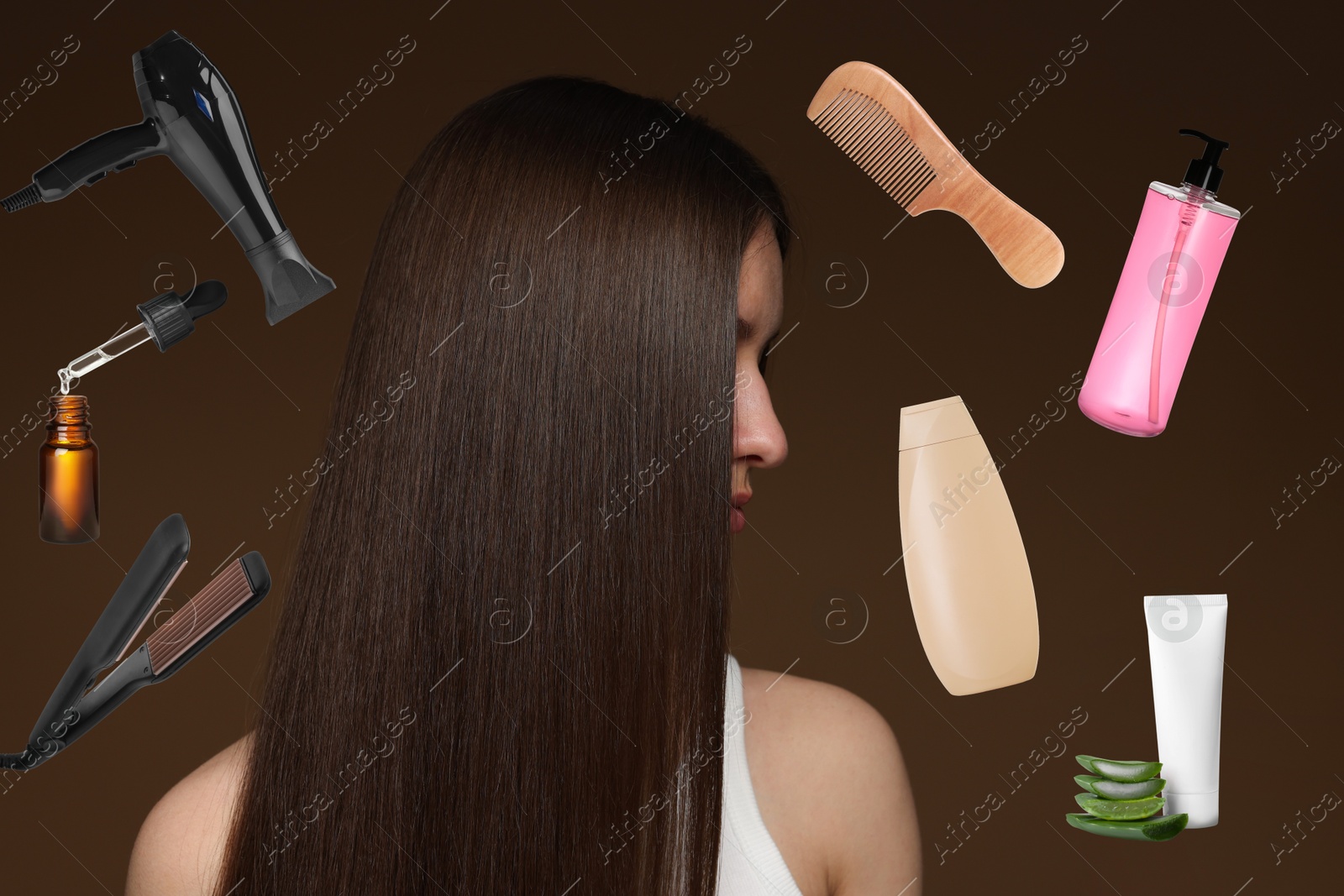 Image of Young girl with beautiful hair on brown background. Different hair care products and tools flying around her