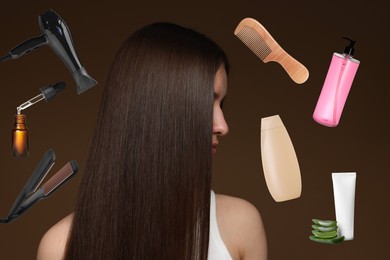 Image of Young girl with beautiful hair on brown background. Different hair care products and tools flying around her