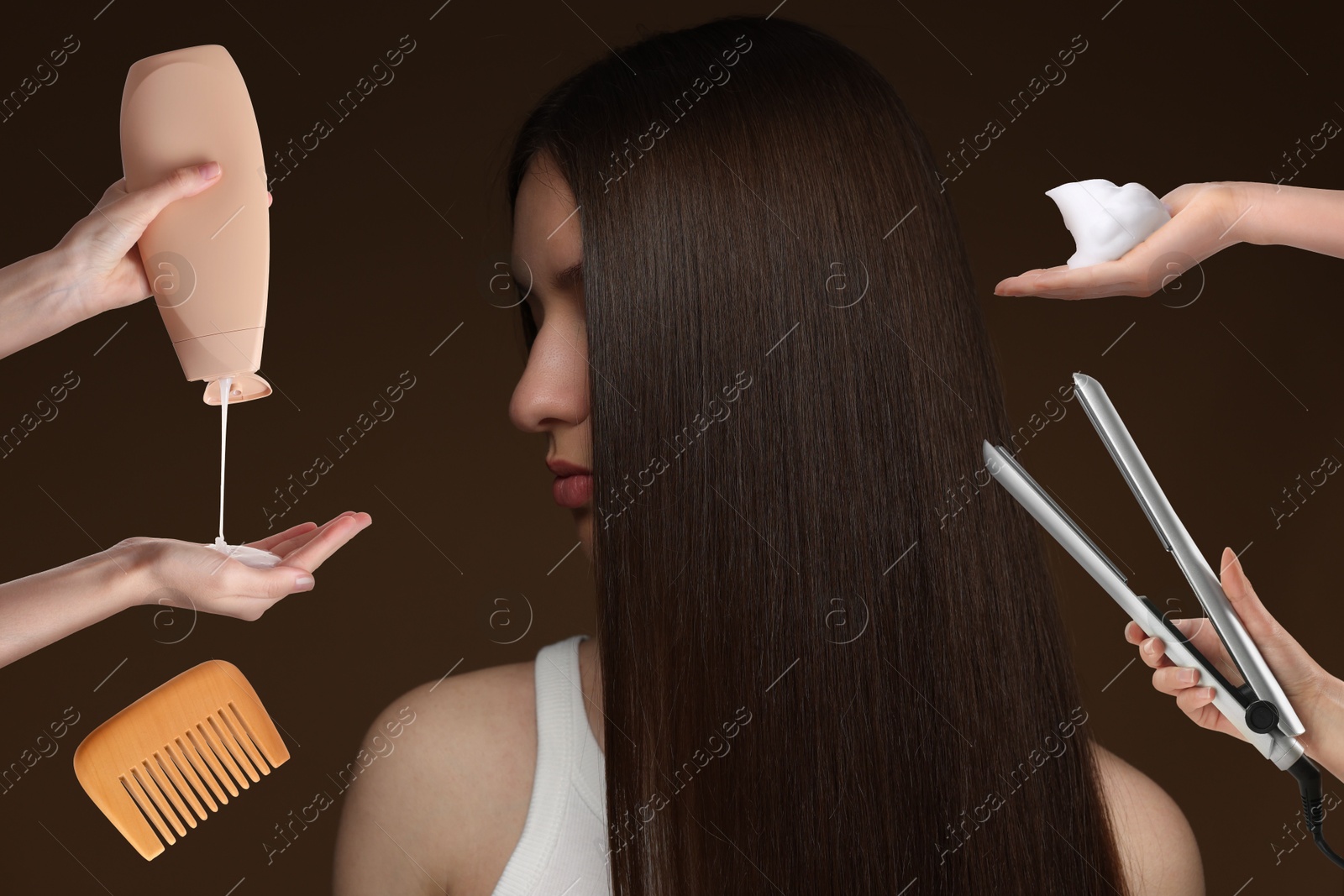 Young girl with beautiful healthy hair surrounded by hairdressers' hands with hair care products and tools. Collage on brown background Image of Young girl with beautiful healthy hair surrounded by hairdressers' hands with hair care products and tools. Collage on brown background