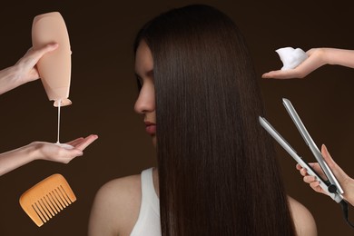 Image of Young girl with beautiful healthy hair surrounded by hairdressers' hands with hair care products and tools. Collage on brown background