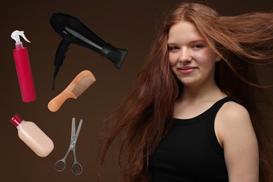 Image of Young girl with beautiful hair on brown background. Different hair care products and tools flying near her