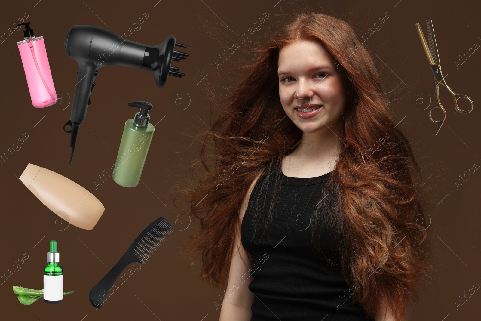Young girl with beautiful hair on brown background. Different hair care products and tools flying around her Image of Young girl with beautiful hair on brown background. Different hair care products and tools flying around her
