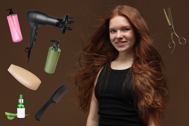 Image of Young girl with beautiful hair on brown background. Different hair care products and tools flying around her