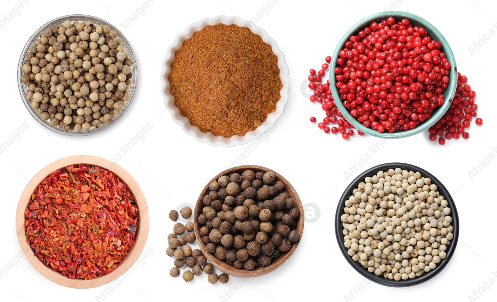 Different types of peppers, set. Spices isolated on white, top view Image of Different types of peppers, set. Spices isolated on white, top view