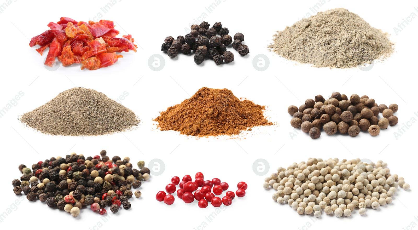 Different types of peppers, set. Spices isolated on white Image of Different types of peppers, set. Spices isolated on white