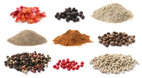 Image of Different types of peppers, set. Spices isolated on white