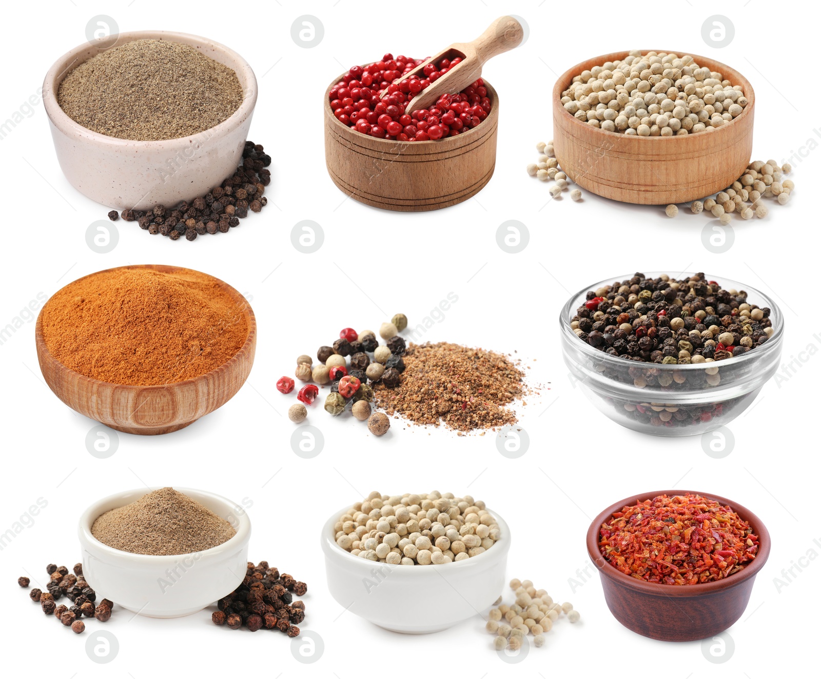 Different types of peppers, set. Spices isolated on white Image of Different types of peppers, set. Spices isolated on white