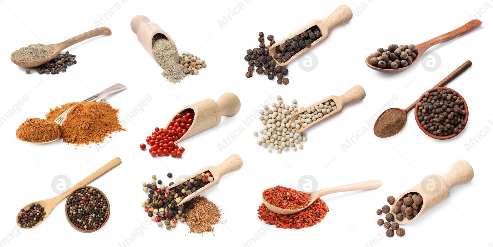 Different types of peppers, set. Spices isolated on white Image of Different types of peppers, set. Spices isolated on white