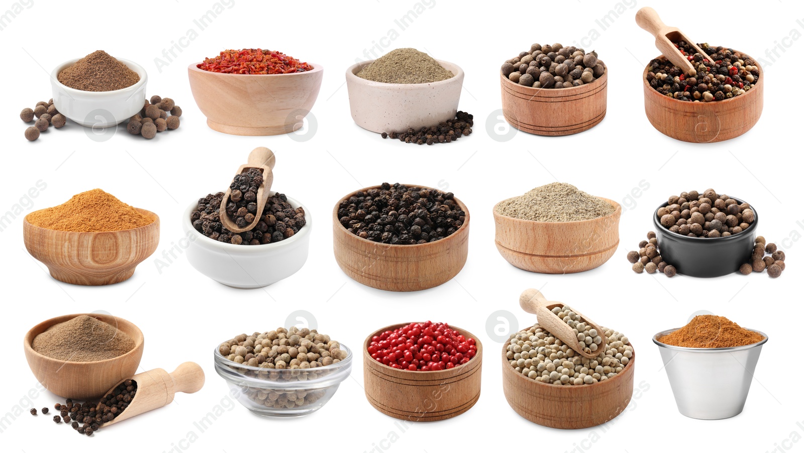 Different types of peppers, set. Spices isolated on white Image of Different types of peppers, set. Spices isolated on white