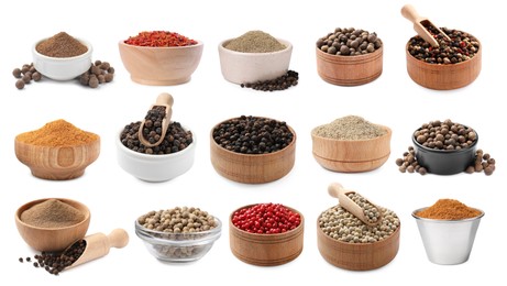 Image of Different types of peppers, set. Spices isolated on white