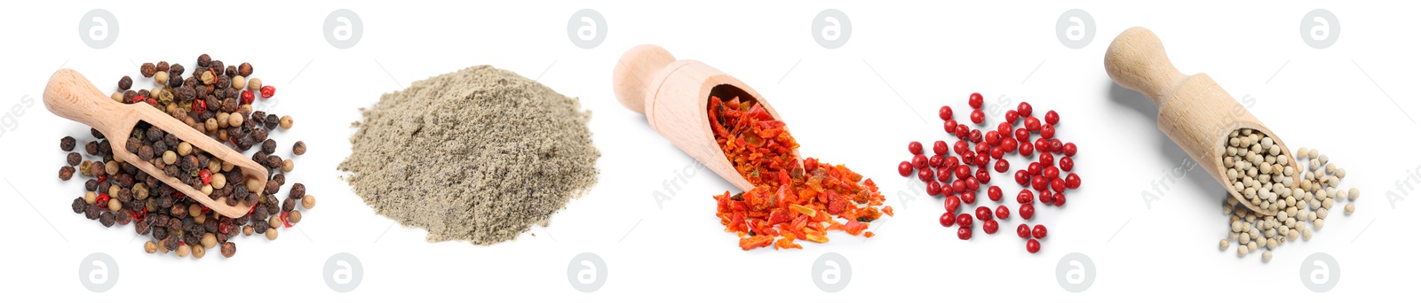 Different types of peppers, set. Spices isolated on white Image of Different types of peppers, set. Spices isolated on white