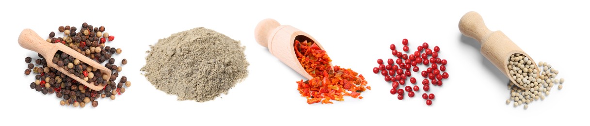 Image of Different types of peppers, set. Spices isolated on white