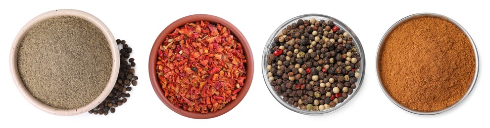Image of Different types of peppers, set. Spices isolated on white, top view