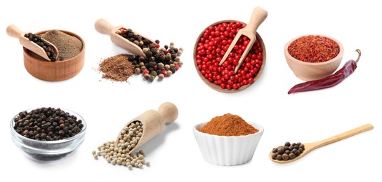 Image of Different types of peppers, set. Spices isolated on white