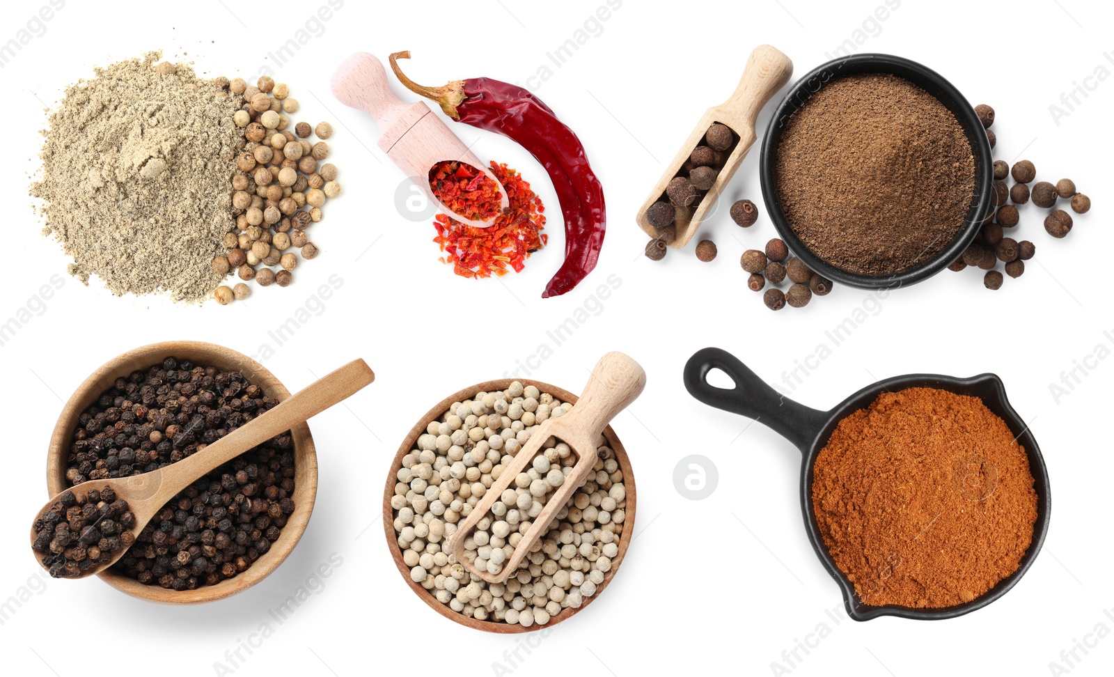 Different types of peppers, set. Spices isolated on white, top view Image of Different types of peppers, set. Spices isolated on white, top view