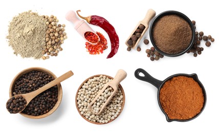 Image of Different types of peppers, set. Spices isolated on white, top view