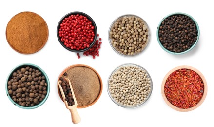 Image of Different types of peppers, set. Spices isolated on white, top view