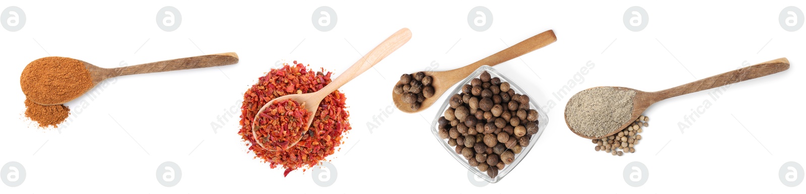 Different types of peppers, set. Spices isolated on white, top view Image of Different types of peppers, set. Spices isolated on white, top view