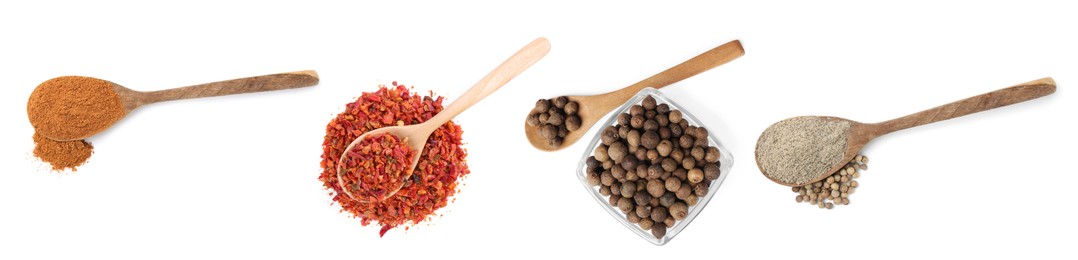 Image of Different types of peppers, set. Spices isolated on white, top view