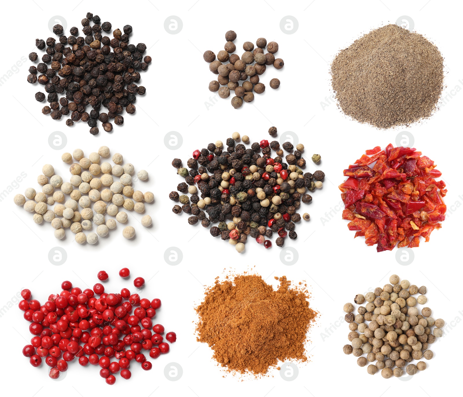 Different types of peppers, set. Spices isolated on white, top view Image of Different types of peppers, set. Spices isolated on white, top view