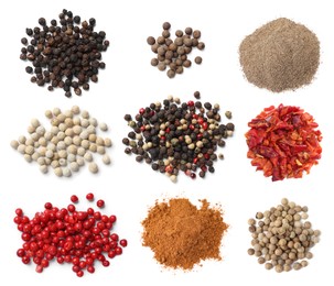 Image of Different types of peppers, set. Spices isolated on white, top view