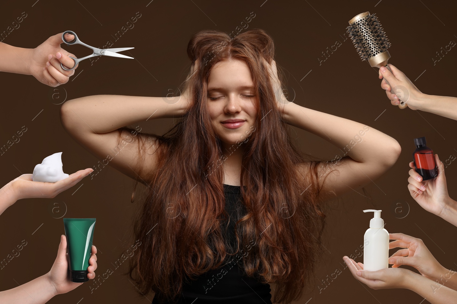 Young girl with beautiful healthy hair surrounded by hairdressers' hands with hair care products and tools. Collage on brown background Image of Young girl with beautiful healthy hair surrounded by hairdressers' hands with hair care products and tools. Collage on brown background