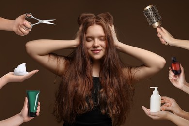 Image of Young girl with beautiful healthy hair surrounded by hairdressers' hands with hair care products and tools. Collage on brown background
