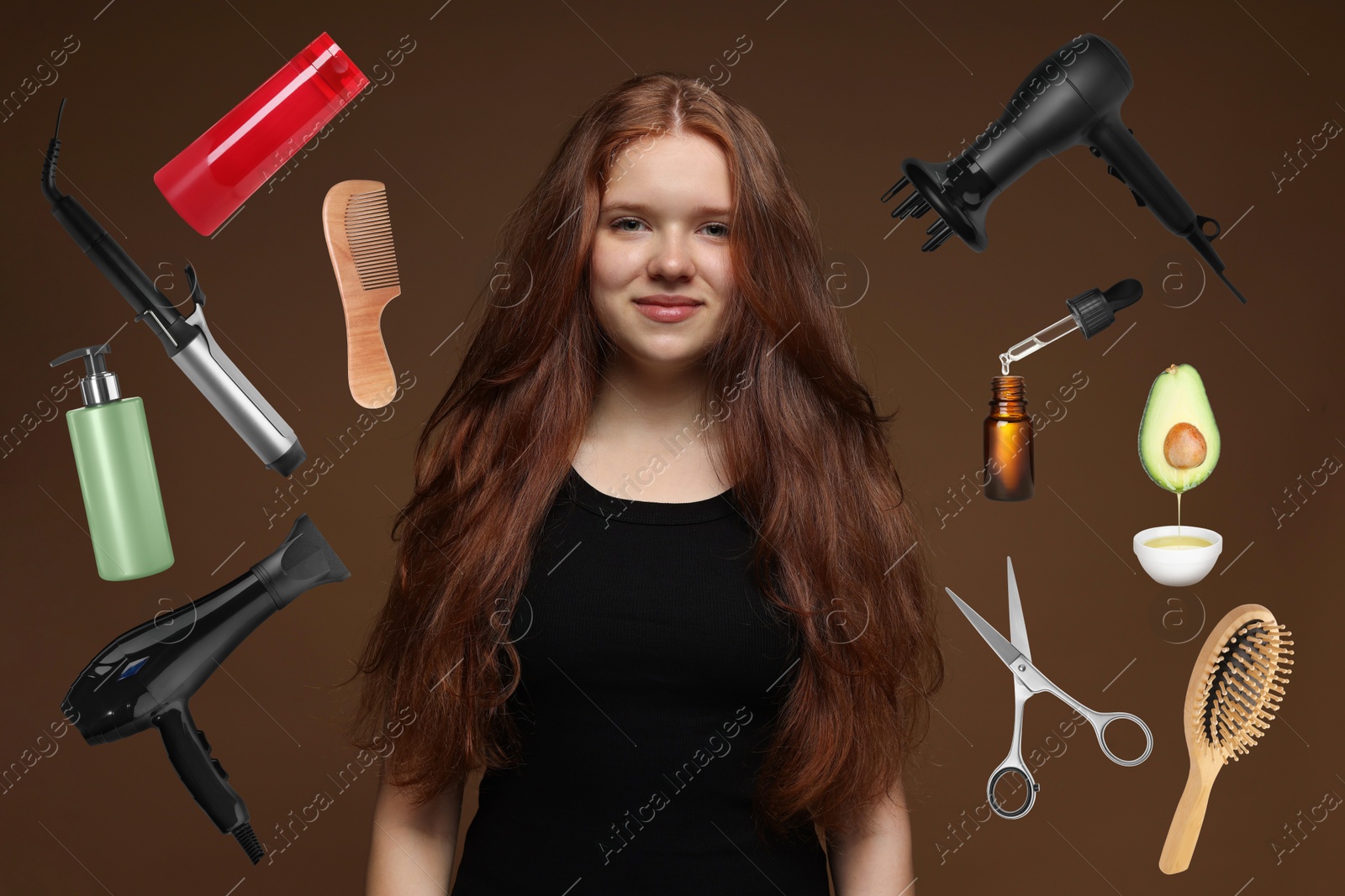 Young girl with beautiful hair on brown background. Different hair care products and tools flying around her Image of Young girl with beautiful hair on brown background. Different hair care products and tools flying around her