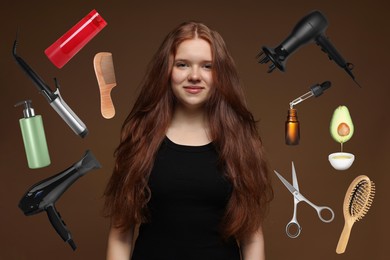 Image of Young girl with beautiful hair on brown background. Different hair care products and tools flying around her