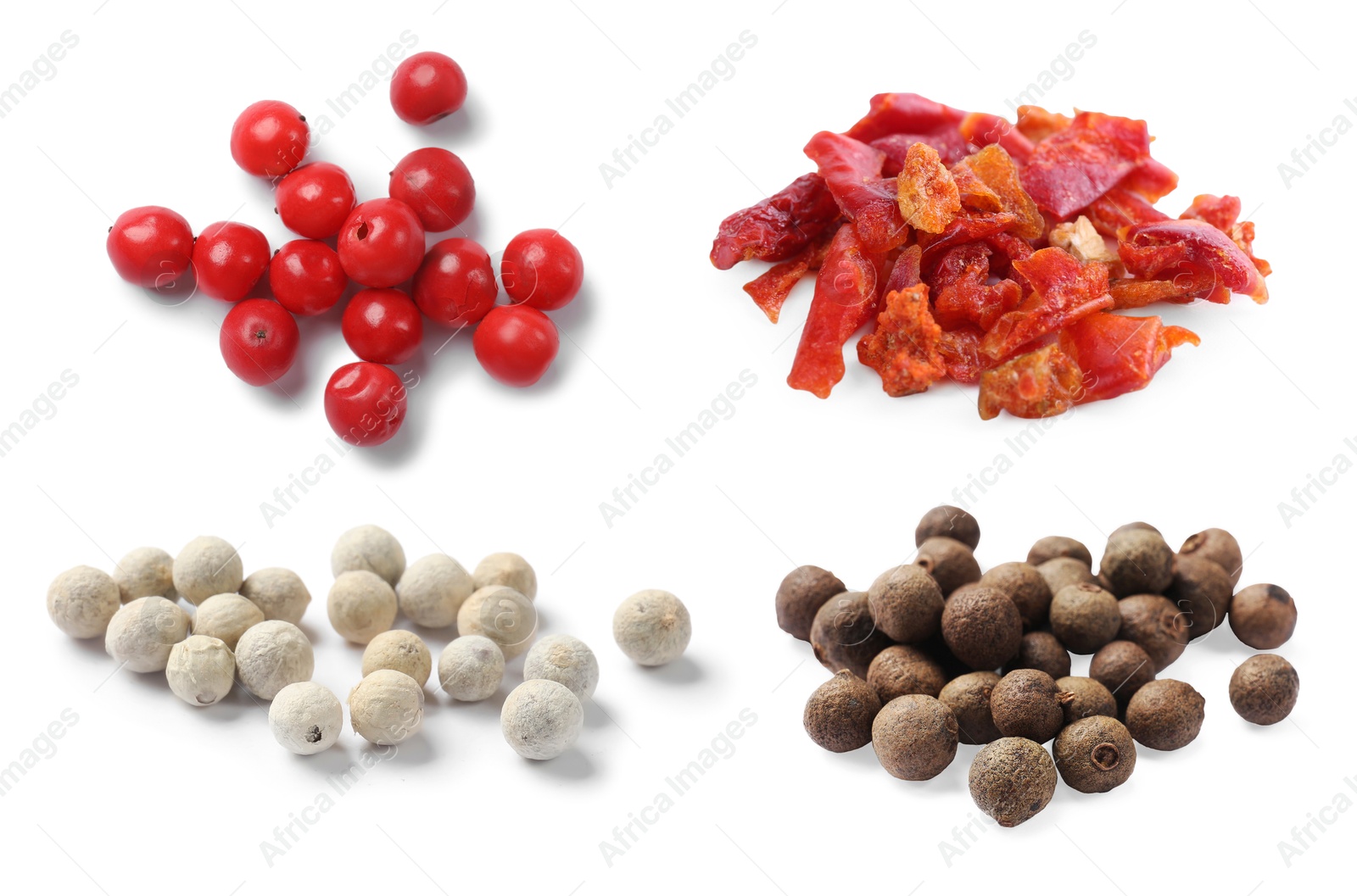 Different types of peppers, set. Spices isolated on white Image of Different types of peppers, set. Spices isolated on white