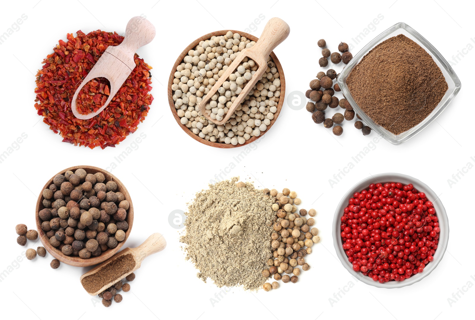 Different types of peppers, set. Spices isolated on white, top view Image of Different types of peppers, set. Spices isolated on white, top view