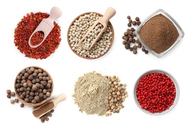 Image of Different types of peppers, set. Spices isolated on white, top view