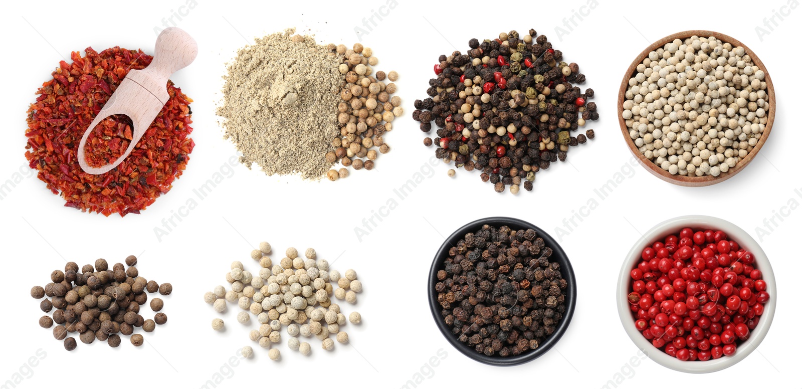 Different types of peppers, set. Spices isolated on white, top view Image of Different types of peppers, set. Spices isolated on white, top view
