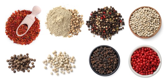 Image of Different types of peppers, set. Spices isolated on white, top view