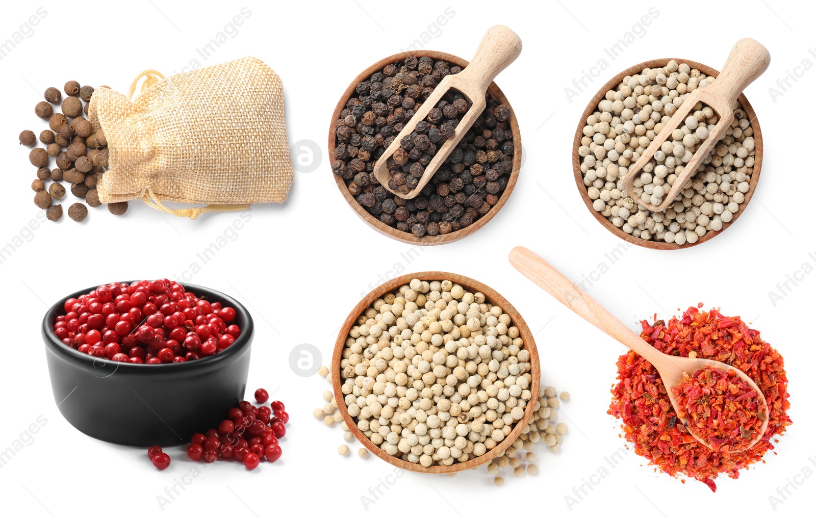 Different types of peppers, set. Spices isolated on white Image of Different types of peppers, set. Spices isolated on white